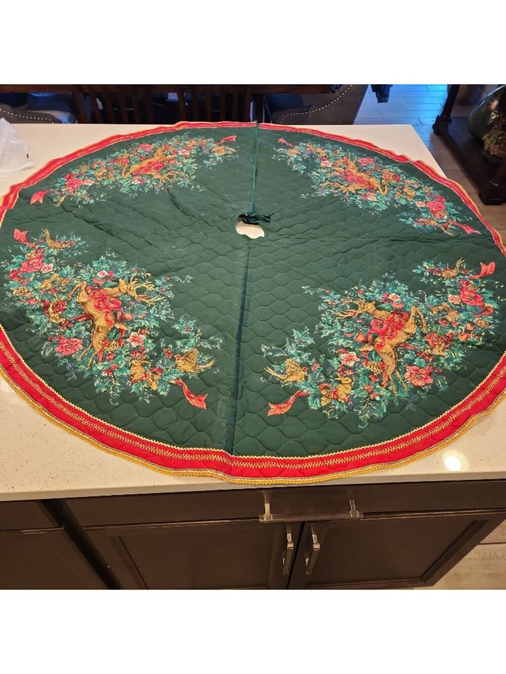 Handmade Vintage Christmas Tree Skirt Red Green Painted Reindeer 56"